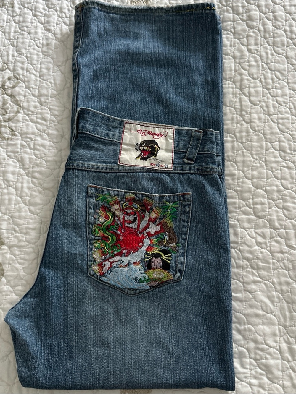 Ed Hardy Christian Audigier Vintage Tattoo Mens Embroidery Jeans  40 X 32 USA
